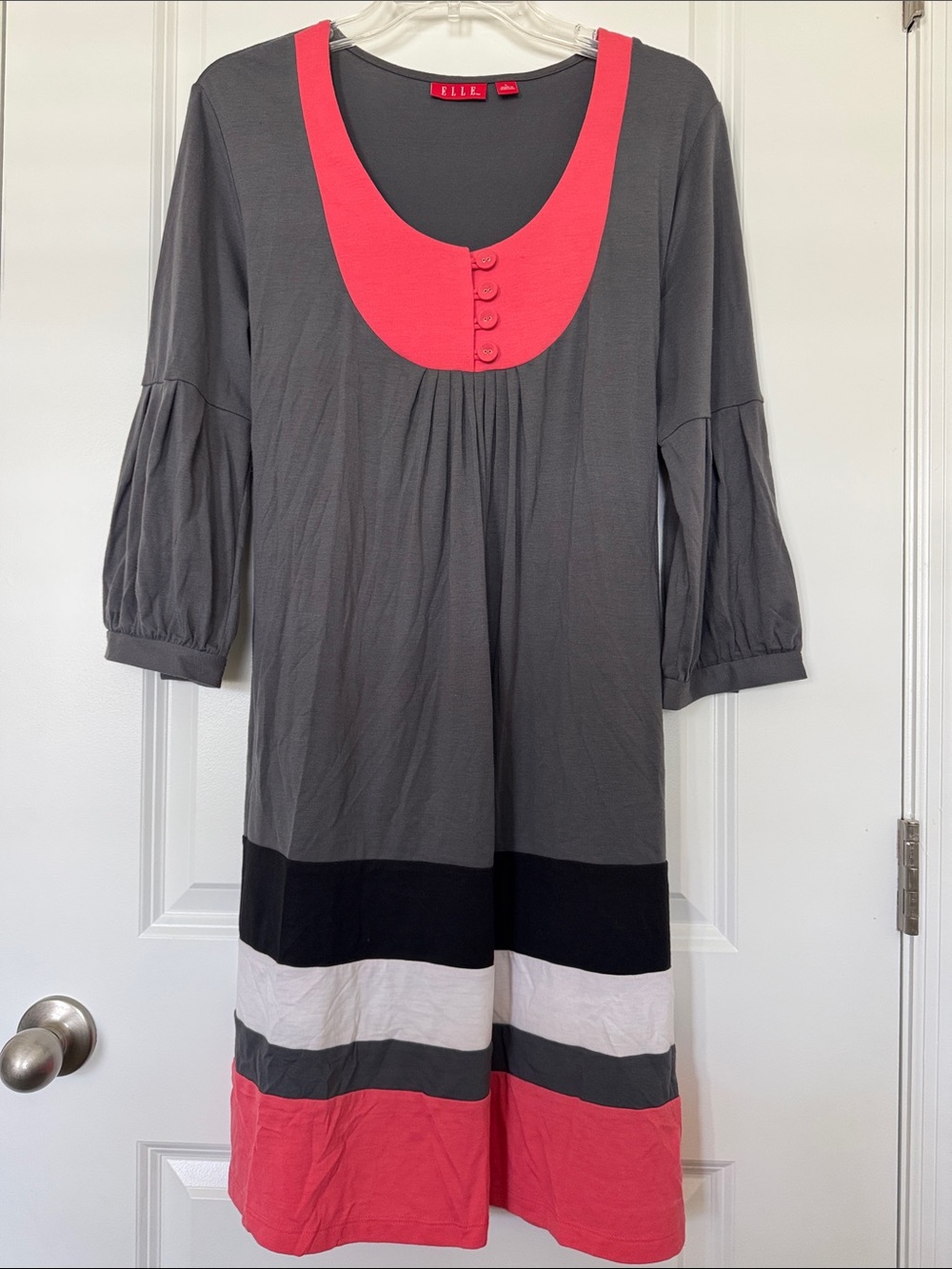 Elle Gray Dress with Coral Yoke and Stripe Hem